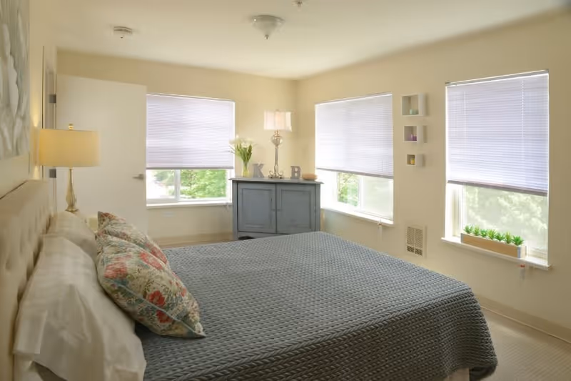 A bright bedroom with a large bed covered in a gray textured blanket and floral pillows. The room has three windows with white blinds partially closed, a blue cabinet with a lamp and decorative items on top, and light-colored walls and carpet.