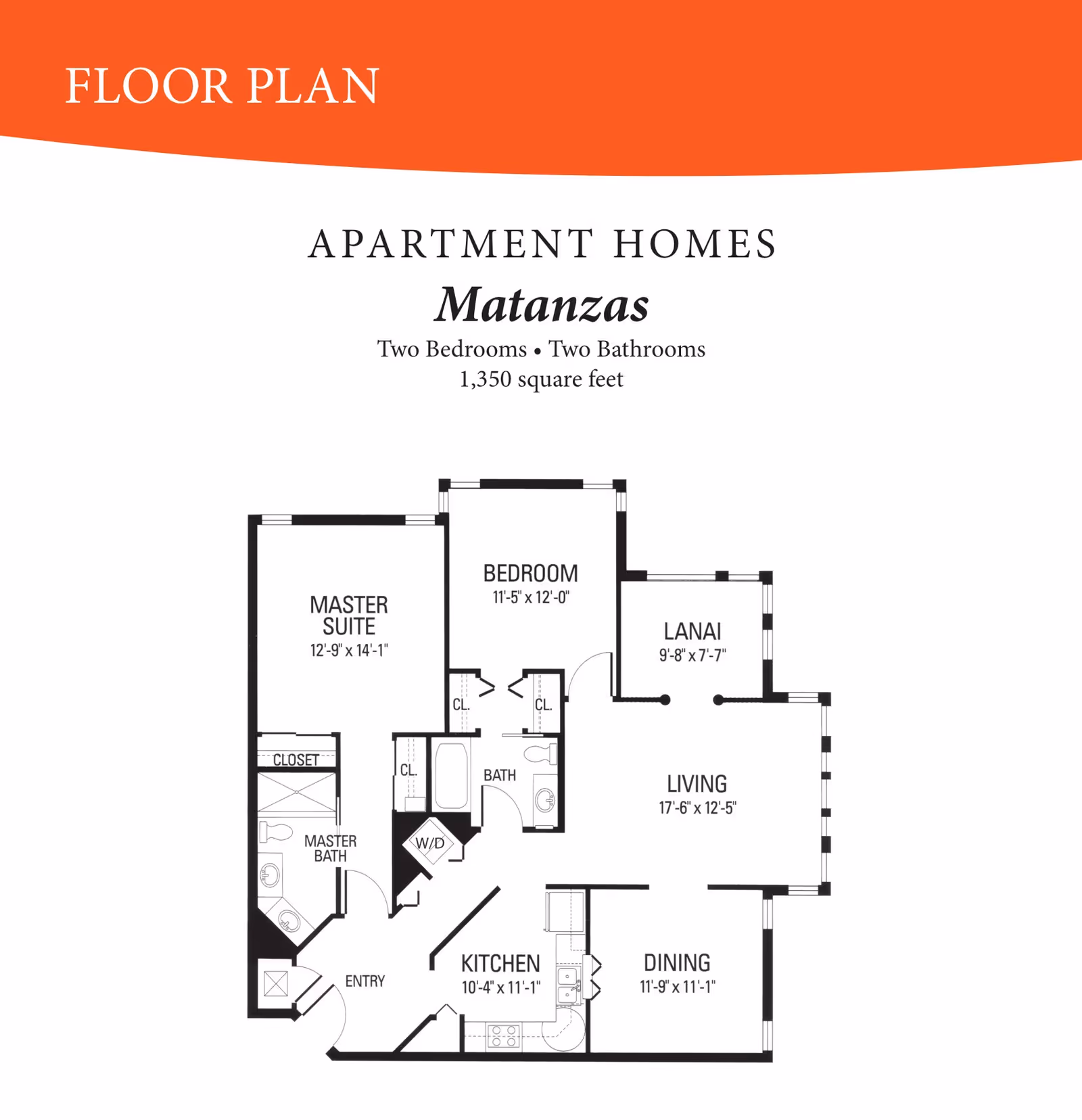 Floor plan of Matanzas apartment home at Westminster St. Augustine, featuring two bedrooms, two bathrooms, a kitchen, dining area, living room, lanai, and entry. The master suite includes a master bath and closet. The layout shows dimensions for each room and includes a washer/dryer area.