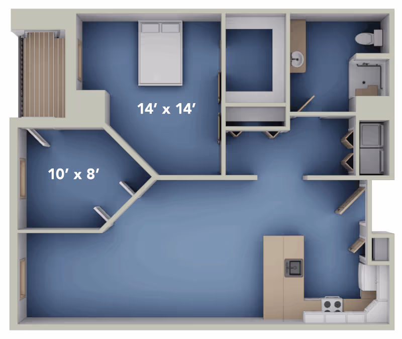 3D floor plan of a senior living unit showing a bedroom with a double bed labeled 14' x 14', an adjacent room labeled 10' x 8', a bathroom with a toilet, sink, and shower, a kitchen area with appliances and a sink, and an open living space.