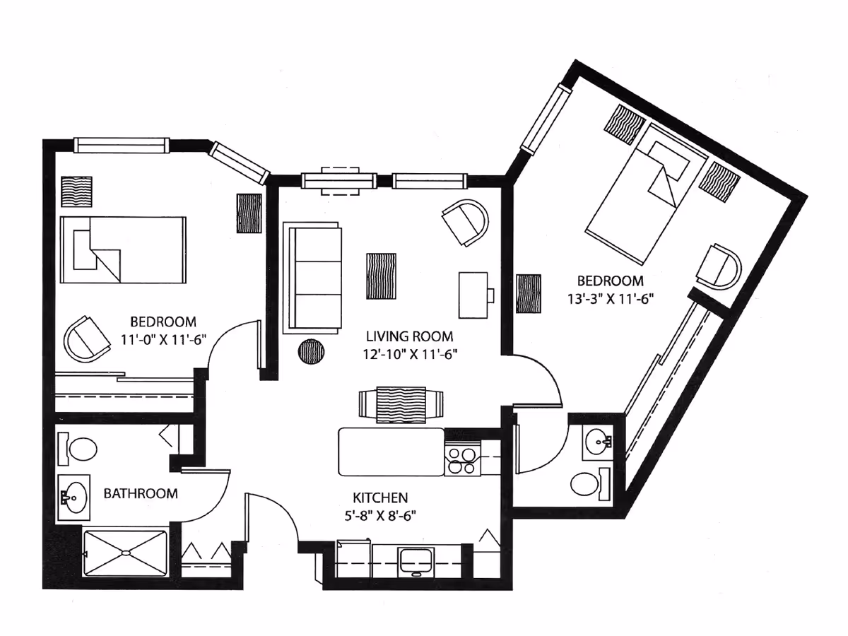 Architectural floor plan of a senior living unit at Charter Senior Living of Mequon showing two bedrooms, a living room, a kitchen, and a bathroom. The bedrooms are labeled with dimensions 11'-0" x 11'-6" and 13'-3" x 11'-6". The living room measures 12'-10" x 11'-6" and the kitchen is 5'-8" x 8'-6". The bathroom includes a shower, toilet, and sink.
