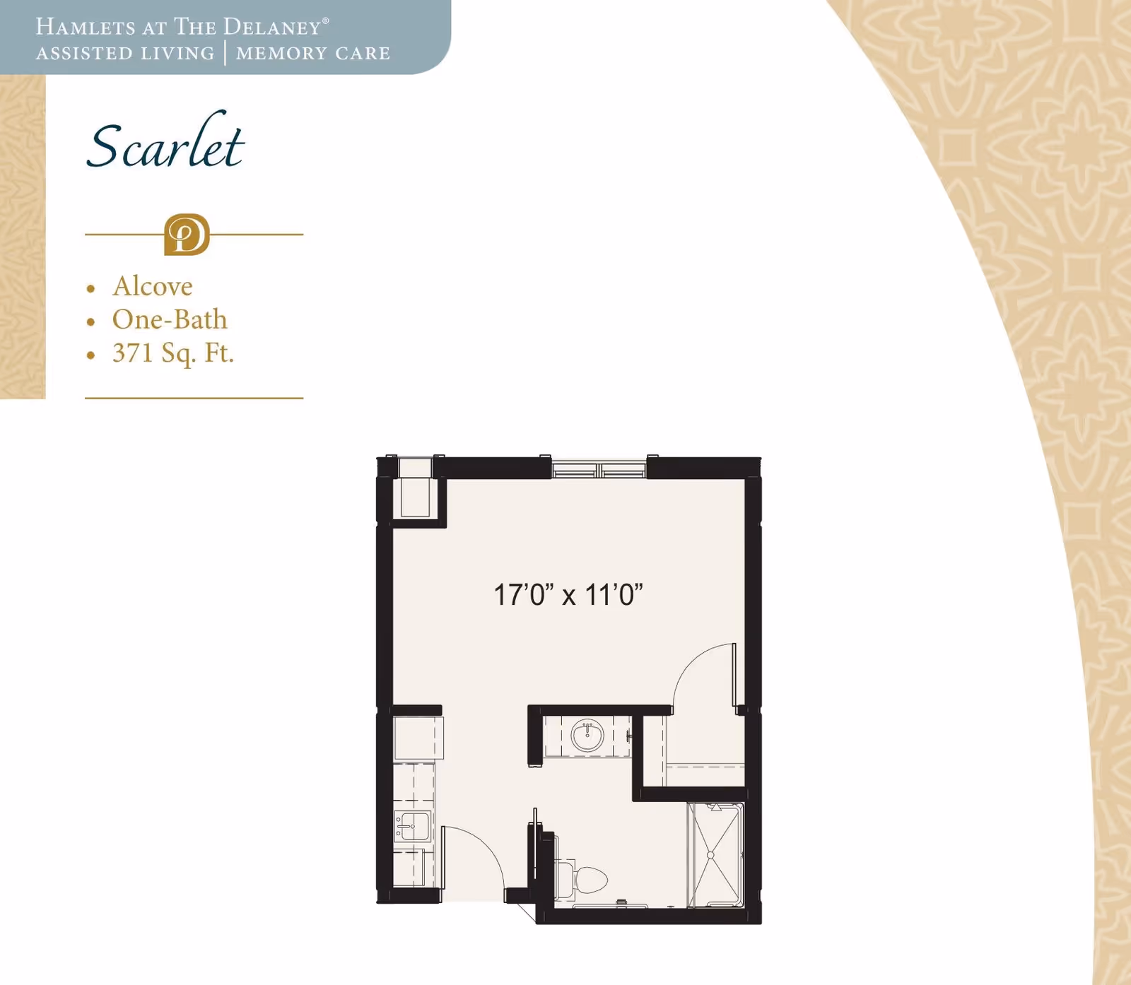 Floor plan of the Scarlet alcove apartment at Hamlets at The Delaney assisted living and memory care, showing a 371 square feet layout with one bath and a main living area measuring 17 feet by 11 feet.
