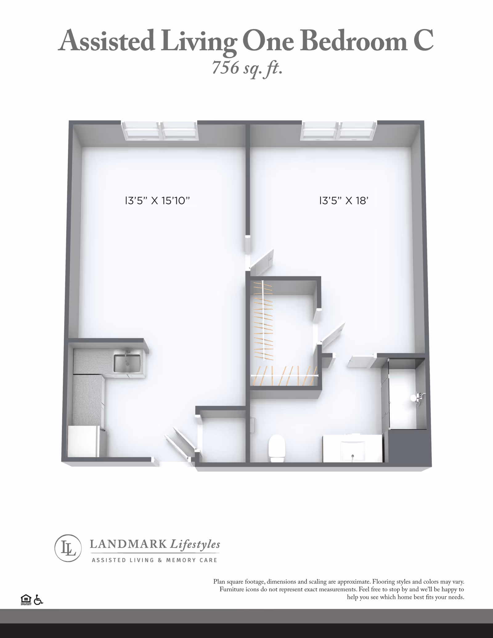 Floor plan of an assisted living one bedroom apartment labeled 'One Bedroom C' with 756 square feet. The layout includes a kitchen area, a living room measuring 13'5" by 15'10", a bedroom measuring 13'5" by 18', a bathroom with a toilet and sink, and a closet space. The plan shows windows on the top walls of the living room and bedroom.