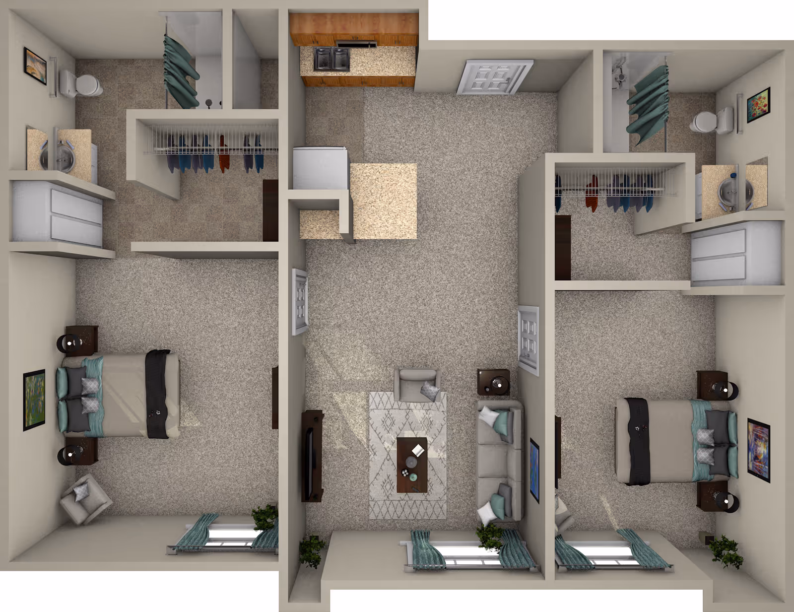 Top-down view of a two-bedroom apartment floor plan featuring two bedrooms each with a bed, nightstands, and a closet. Each bedroom has an attached bathroom with a shower, toilet, and sink. The central living area includes a sofa, armchair, coffee table, and TV stand. The kitchen area has countertops, cabinets, and appliances.