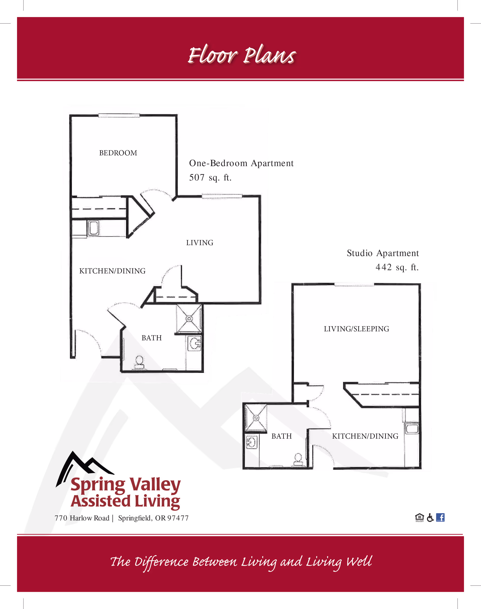 Black poster displaying floor plans for Spring Valley Assisted Living showing one-bedroom and studio apartment layouts.