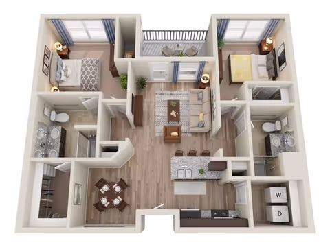 3D floor plan of a two-bedroom apartment featuring a living room with sofa and TV, kitchen with island and bar stools, dining area with table and chairs, two bathrooms with double sinks, two bedrooms with beds and nightstands, a balcony, and a laundry area with washer and dryer.