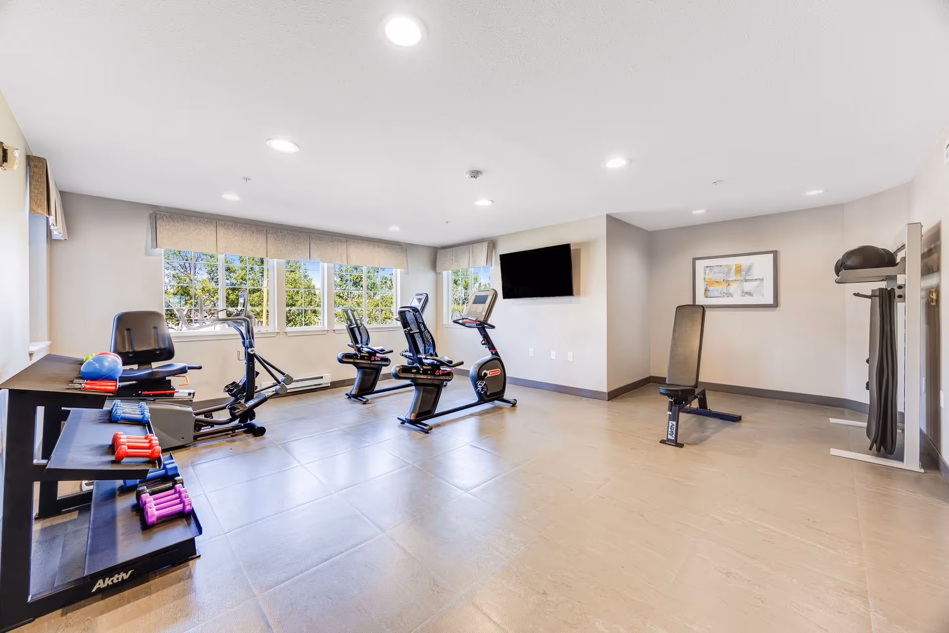 Bright fitness room with large windows letting in natural light, featuring exercise bikes, a rowing machine, a weight bench, dumbbells, and other workout equipment. A flat-screen TV is mounted on the wall.