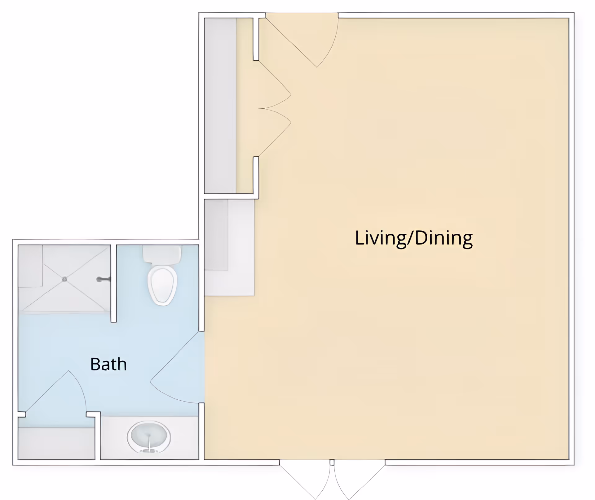 Floor plan showing a living/dining area connected to a bathroom with a shower, toilet, and sink.