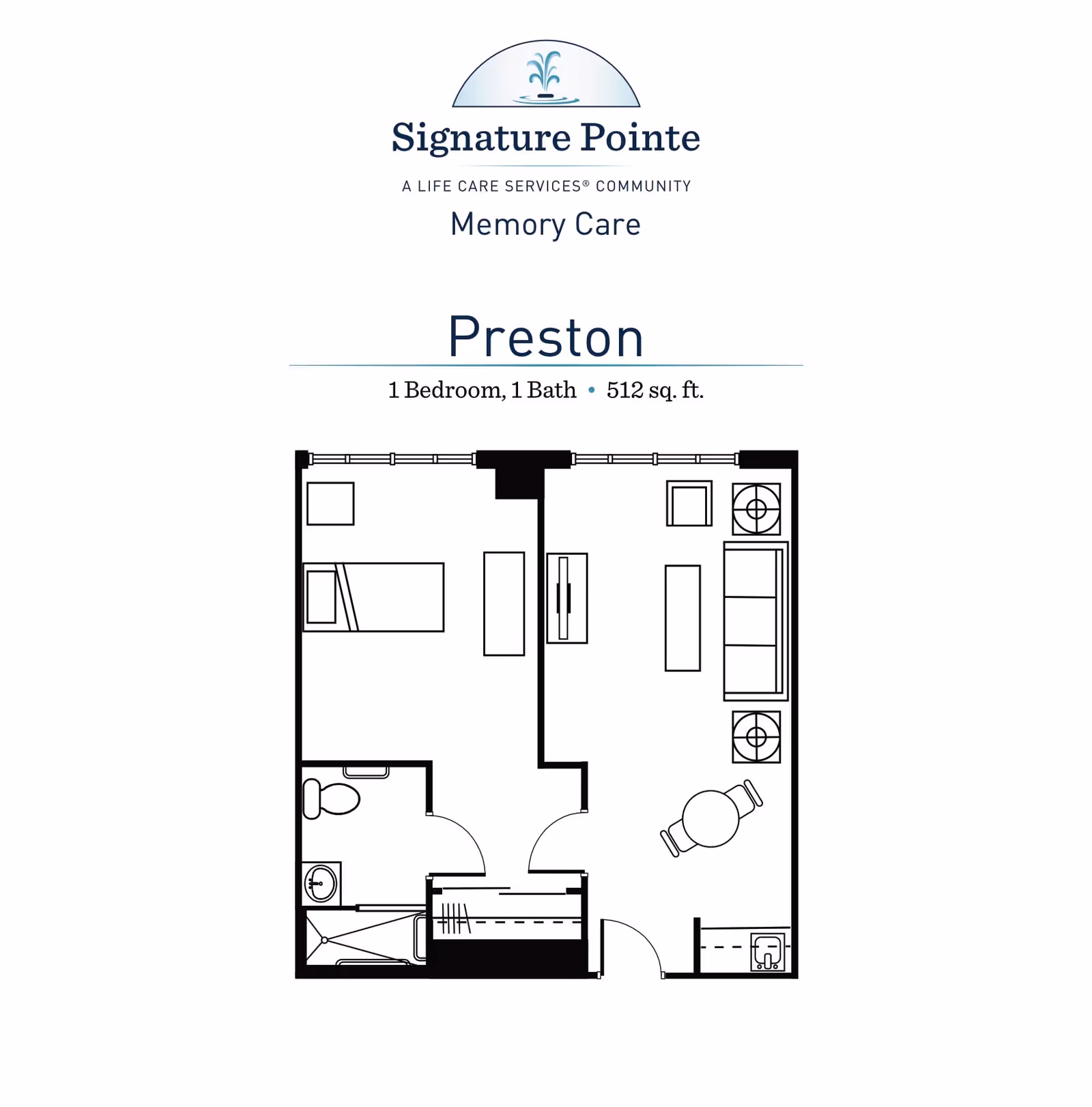 Floor plan for Preston at Signature Pointe Memory Care, showing a 1 bedroom, 1 bath layout with 512 square feet. The plan includes a bedroom, bathroom, living area with seating and a small dining table, and a kitchenette area.