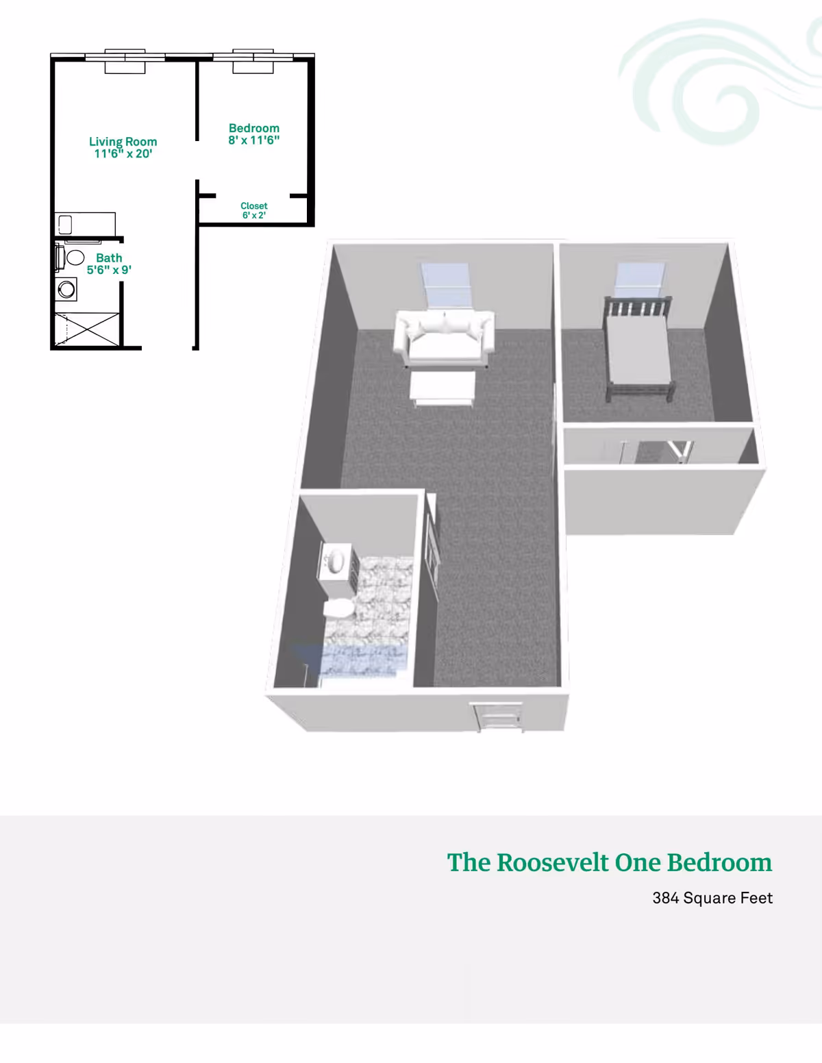 Floor plan and 3D layout of The Roosevelt One Bedroom apartment at Beech Grove Meadows, showing a living room with a sofa and coffee table, a bedroom with a bed and closet, and a bathroom with a toilet and sink. The floor plan includes dimensions for each room.