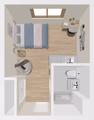 Top-down floor plan rendering of a small studio apartment with a bed, seating area, desk, kitchenette, and bathroom.