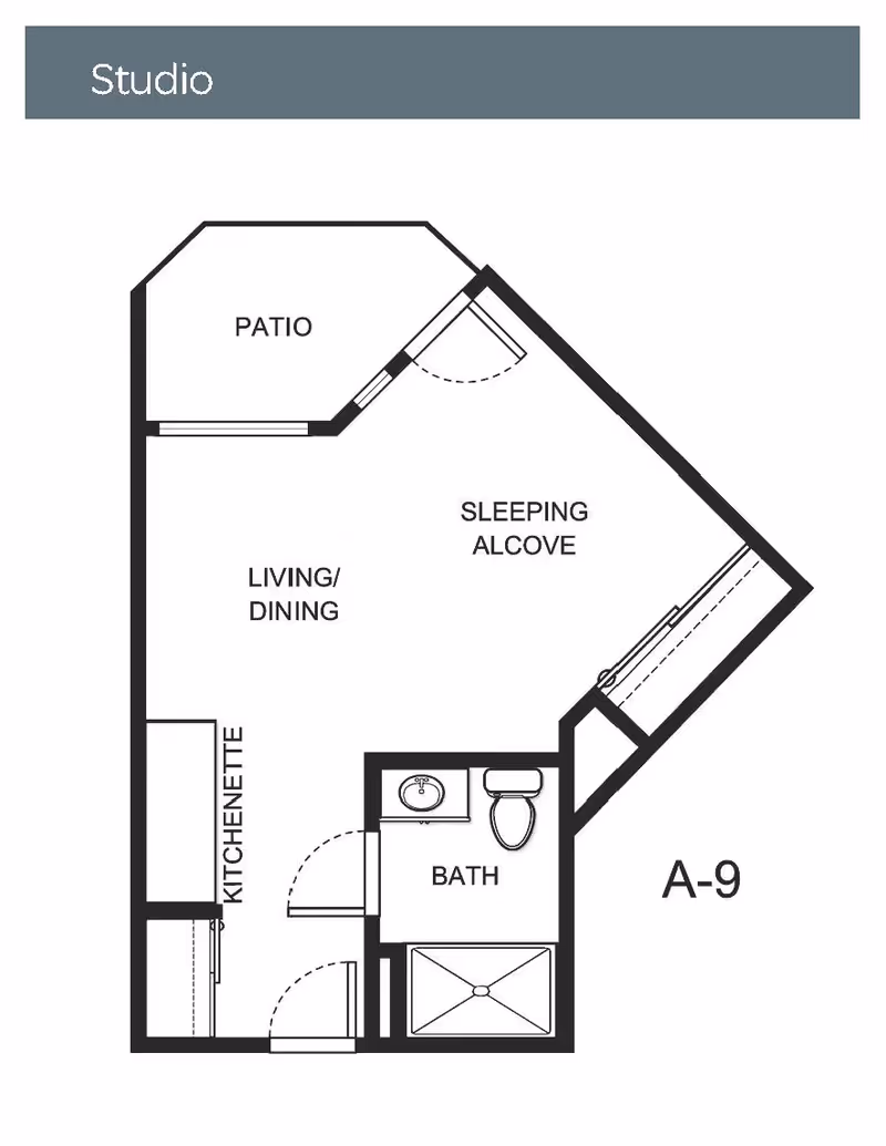 Floor plan of a studio apartment at Holiday Kalama Heights showing a patio, living/dining area, kitchenette, sleeping alcove, and a bathroom with a sink, toilet, and shower.