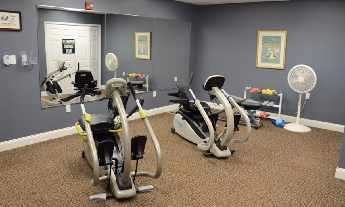 Small exercise room with two recumbent exercise bikes, a rack of free weights, a standing fan and a large wall mirror.
