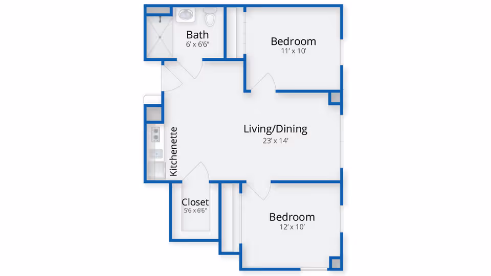 Floor plan of an apartment at Carriage Green at Milford showing two bedrooms, a bath, a kitchenette, a closet, and a combined living/dining area with dimensions.