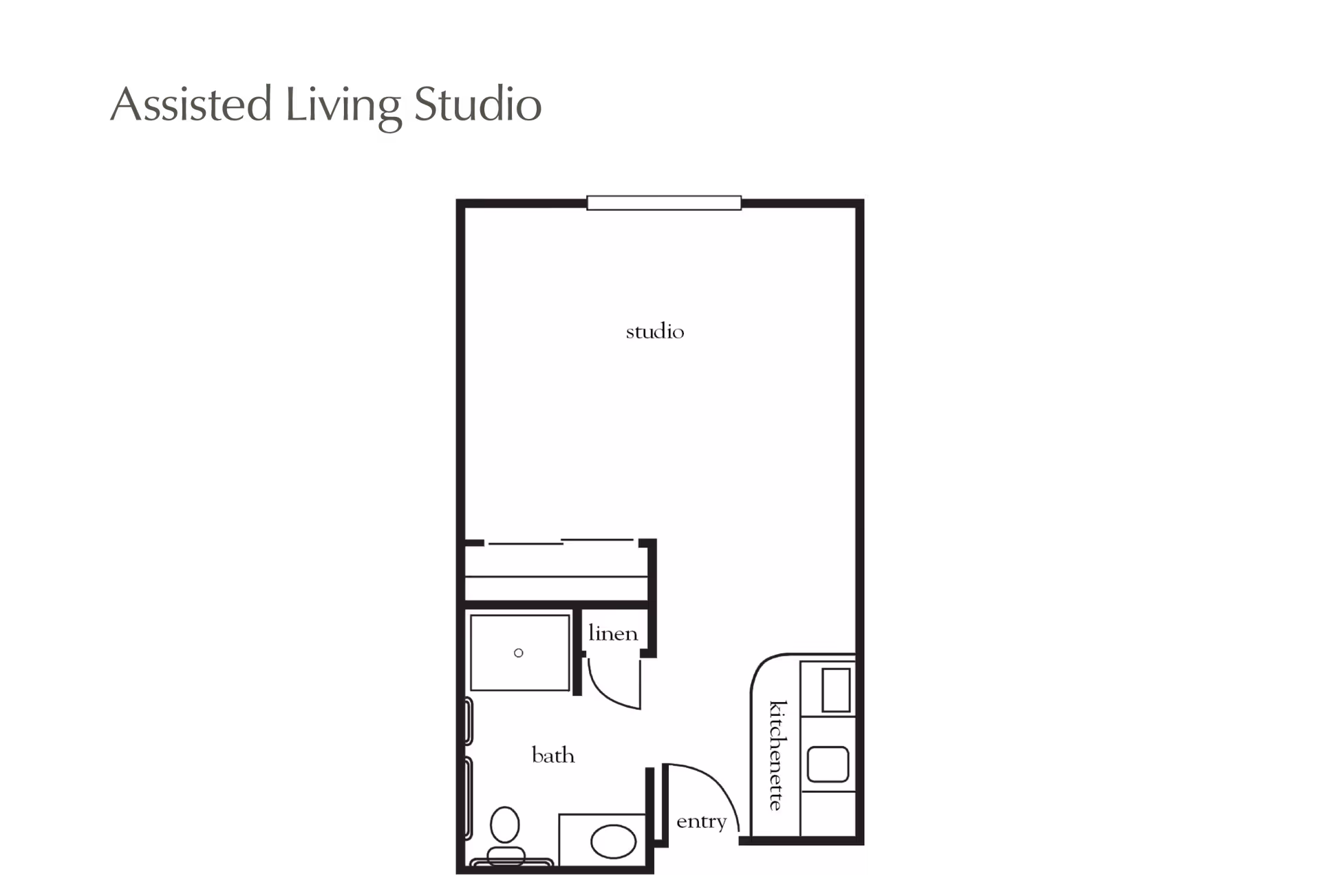 Floor plan of an assisted living studio apartment showing a studio area, kitchenette, bathroom with toilet and shower, linen closet, and entry door.