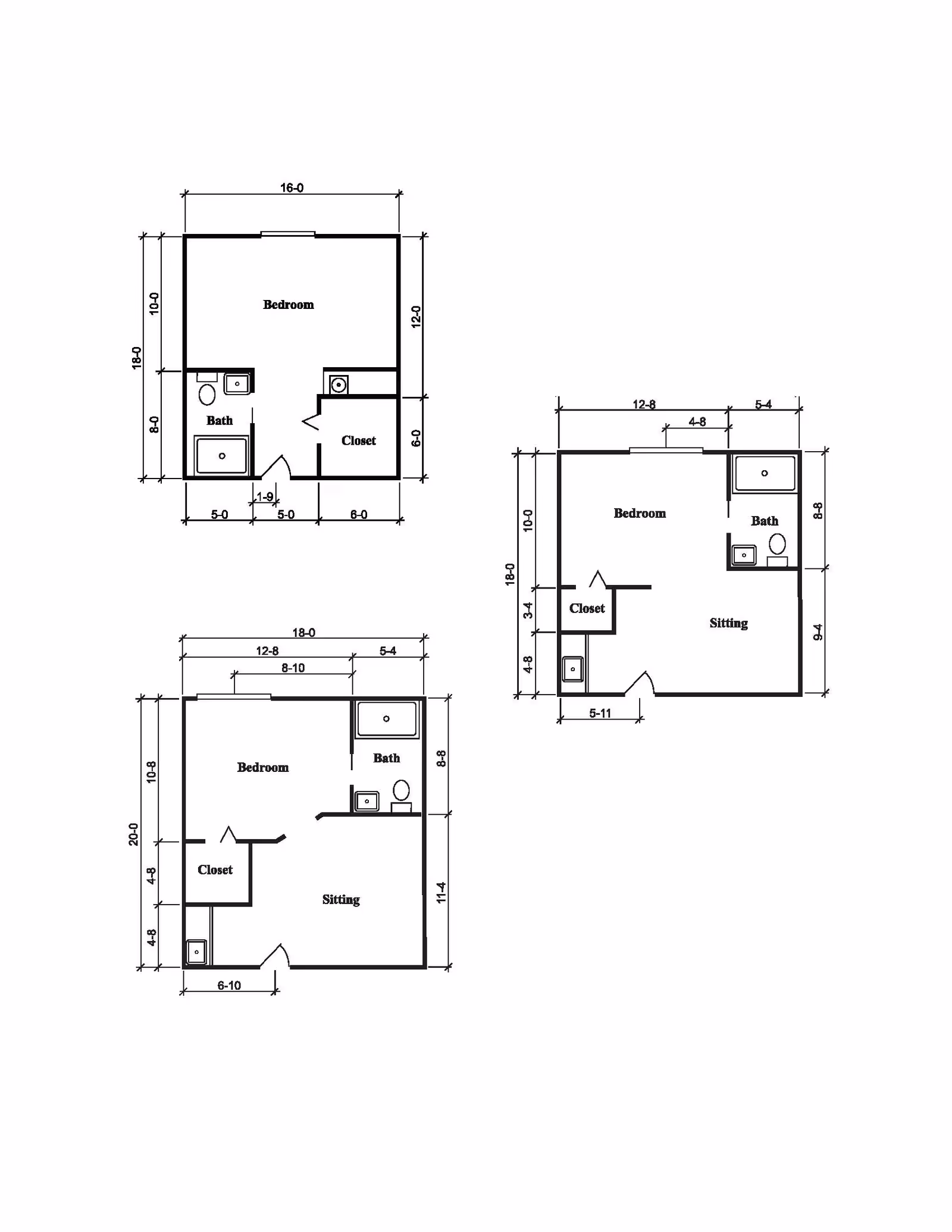 Architectural floor plans showing three different layouts of bedrooms with attached bathrooms and closets, including dimensions for each room and area.