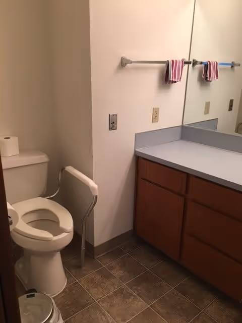 A bathroom with a toilet equipped with a white safety rail, a roll of toilet paper on the tank, a countertop with wooden cabinets below, a large mirror above the counter, and a towel rack holding two striped towels on the wall.