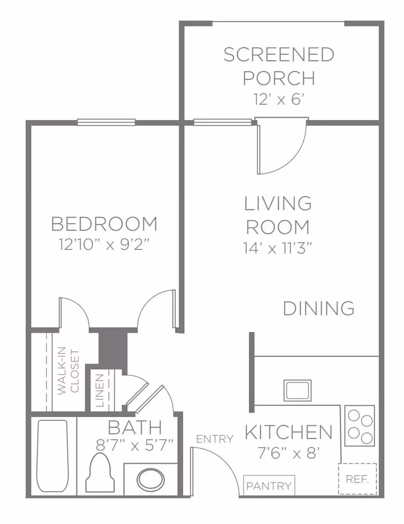 Floor plan of an apartment at Abbotswood at Irving Park showing a bedroom with walk-in closet, bathroom, kitchen with pantry and refrigerator, dining area, living room, and screened porch.