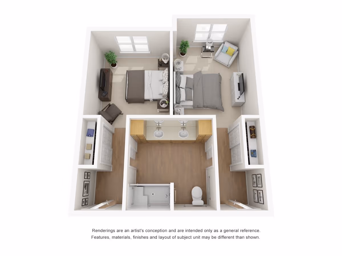 3D floor plan rendering of a residential unit featuring two bedrooms, a bathroom with double sinks, a shower, and a toilet. Each bedroom is furnished with a bed, side tables, and additional seating or furniture. The layout includes closets adjacent to the bathroom area.