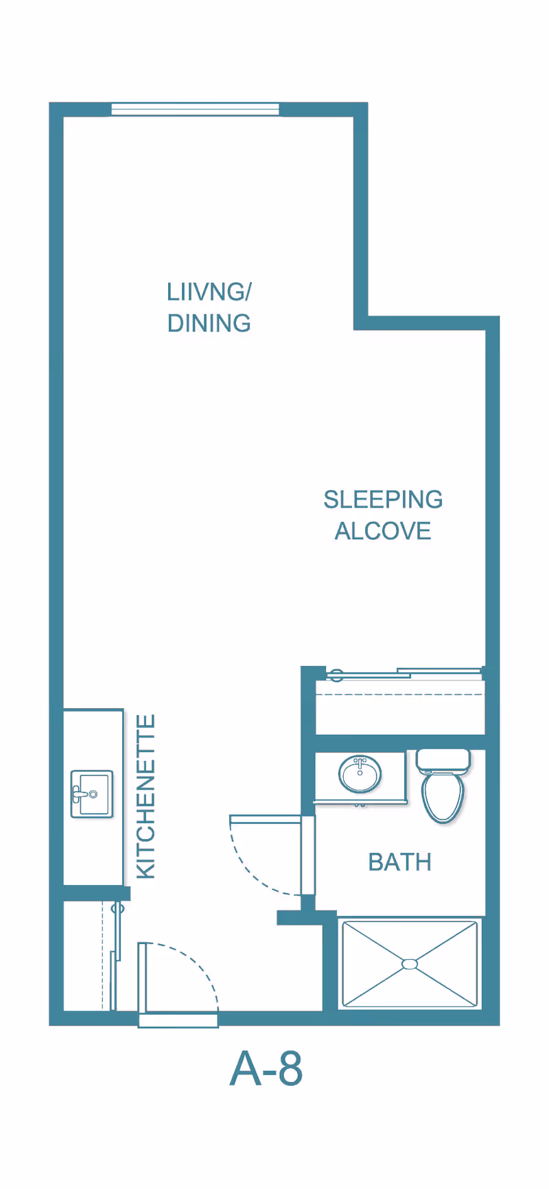 Architectural floor plan of a studio apartment labeled A-8, showing areas for living/dining, sleeping alcove, kitchenette, and a bathroom with a sink, toilet, and shower.
