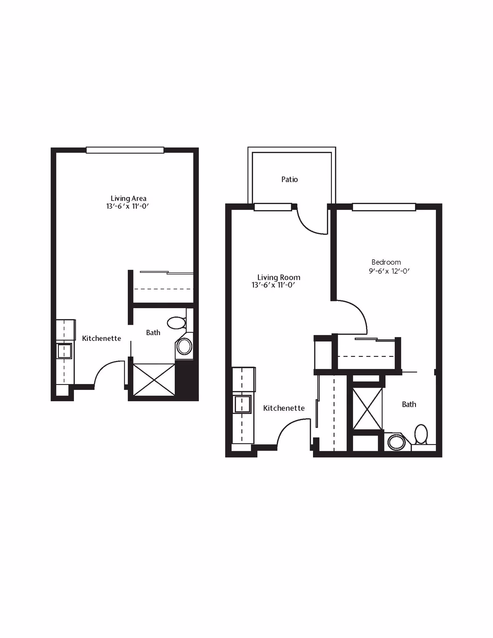 Architectural floor plan showing two layouts. The left layout includes a living area, kitchenette, and bath. The right layout includes a living room, kitchenette, bedroom, bath, and patio.