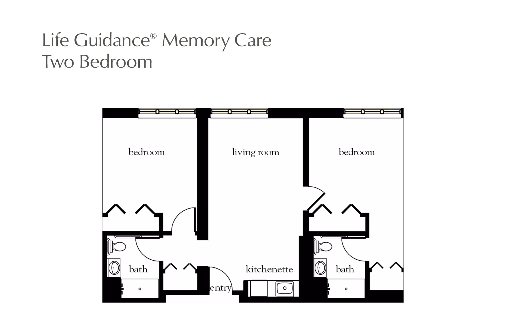 Floor plan layout for a two-bedroom memory care unit labeled Life Guidance Memory Care. The plan shows two bedrooms, each with a closet, two bathrooms, a living room, a kitchenette, and an entry area.