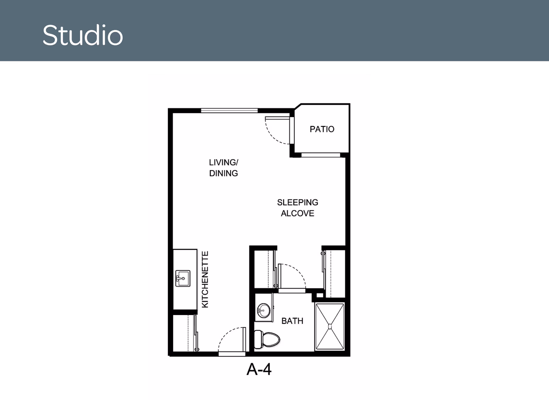 Black-and-white studio apartment floor plan labeled A-4 showing a living/dining area, kitchenette, sleeping alcove, bathroom, and patio.