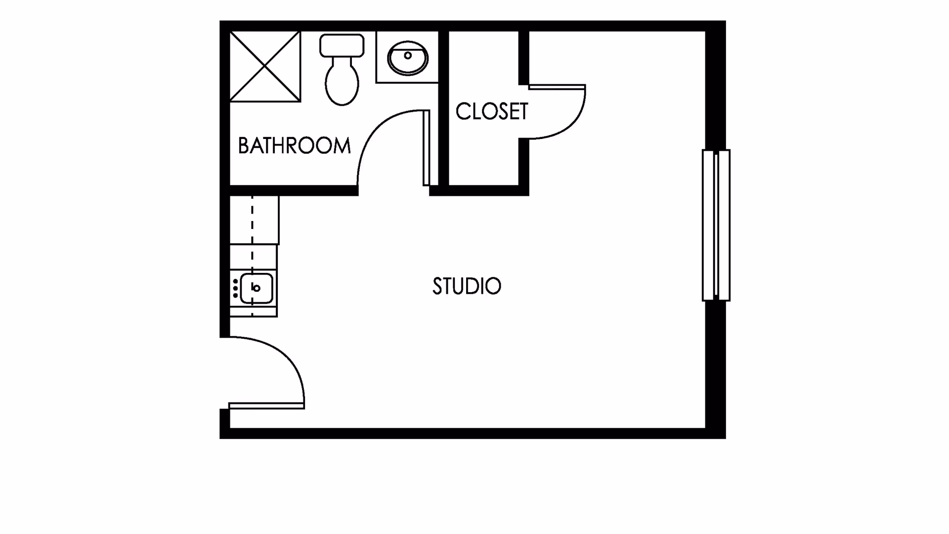 Black-and-white studio apartment floor plan showing a main studio area, kitchenette, bathroom with shower and toilet, and a closet.