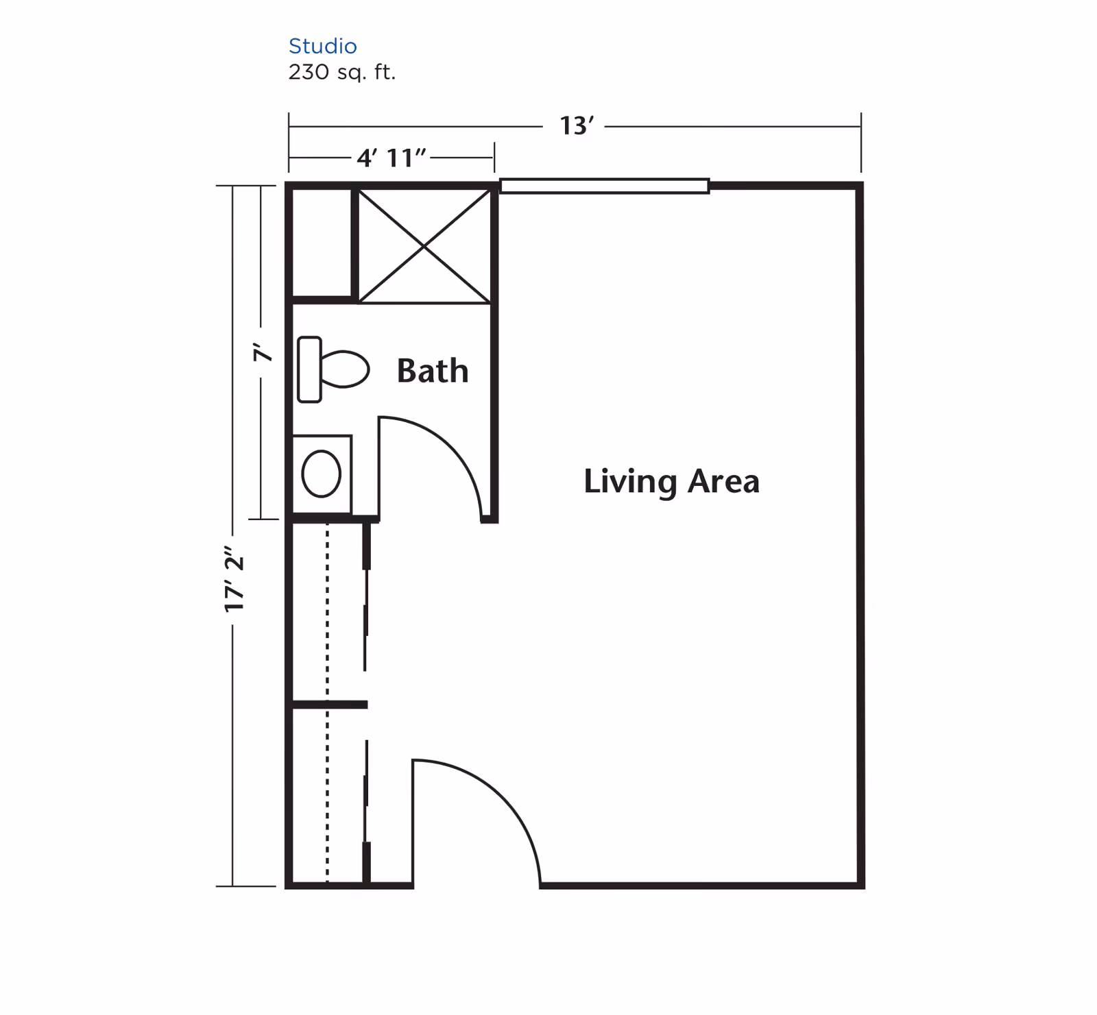 Floor plan of a studio apartment with a total area of 230 square feet. The layout includes a living area measuring 13 feet by 17 feet 2 inches, and a bathroom measuring 4 feet 11 inches by 7 feet. The bathroom contains a toilet, sink, and shower. The entrance door opens into the living area.