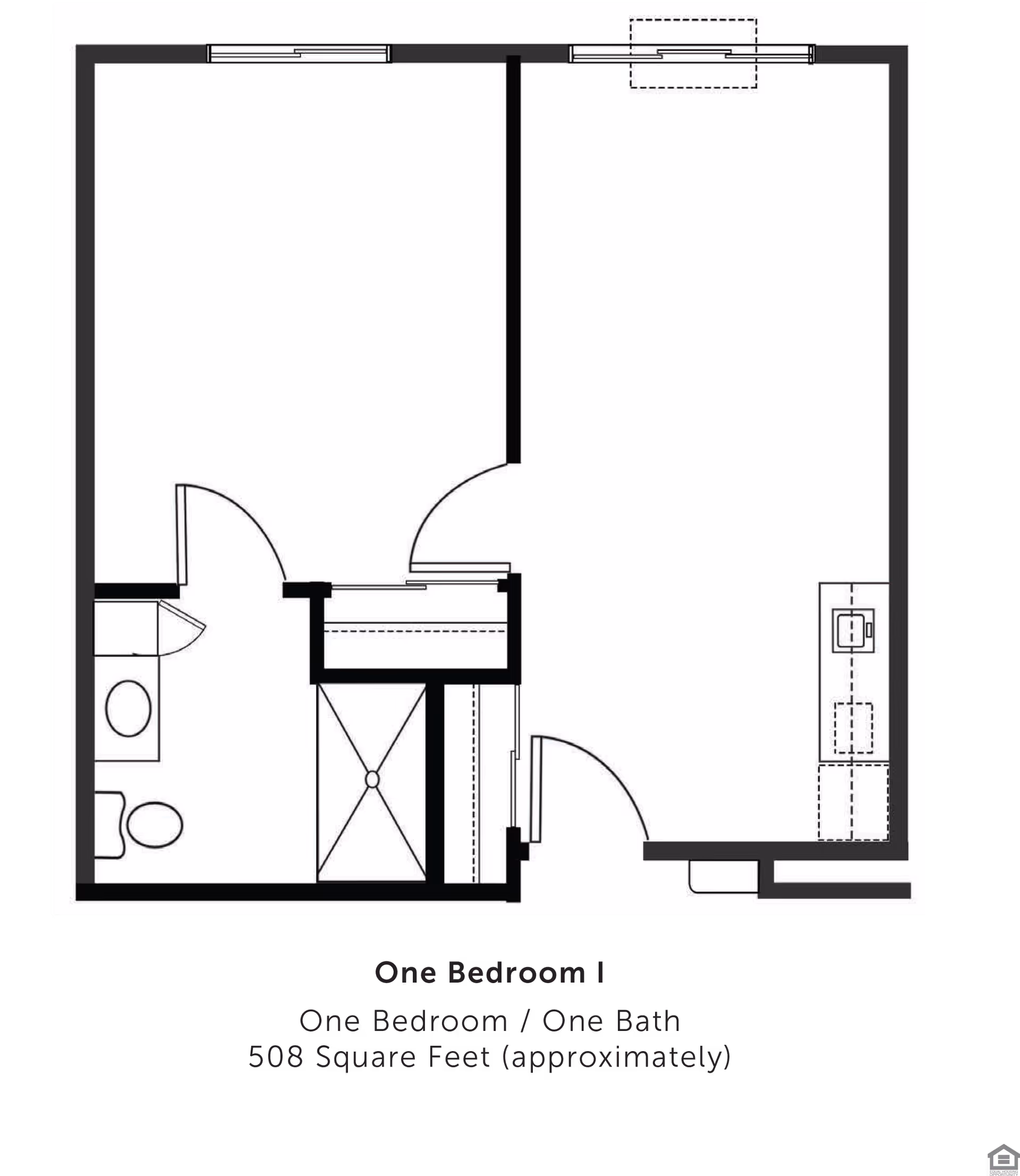 Architectural floor plan of a one-bedroom, one-bath apartment approximately 508 square feet, showing layout with bedroom, bathroom, kitchen area, and living space.