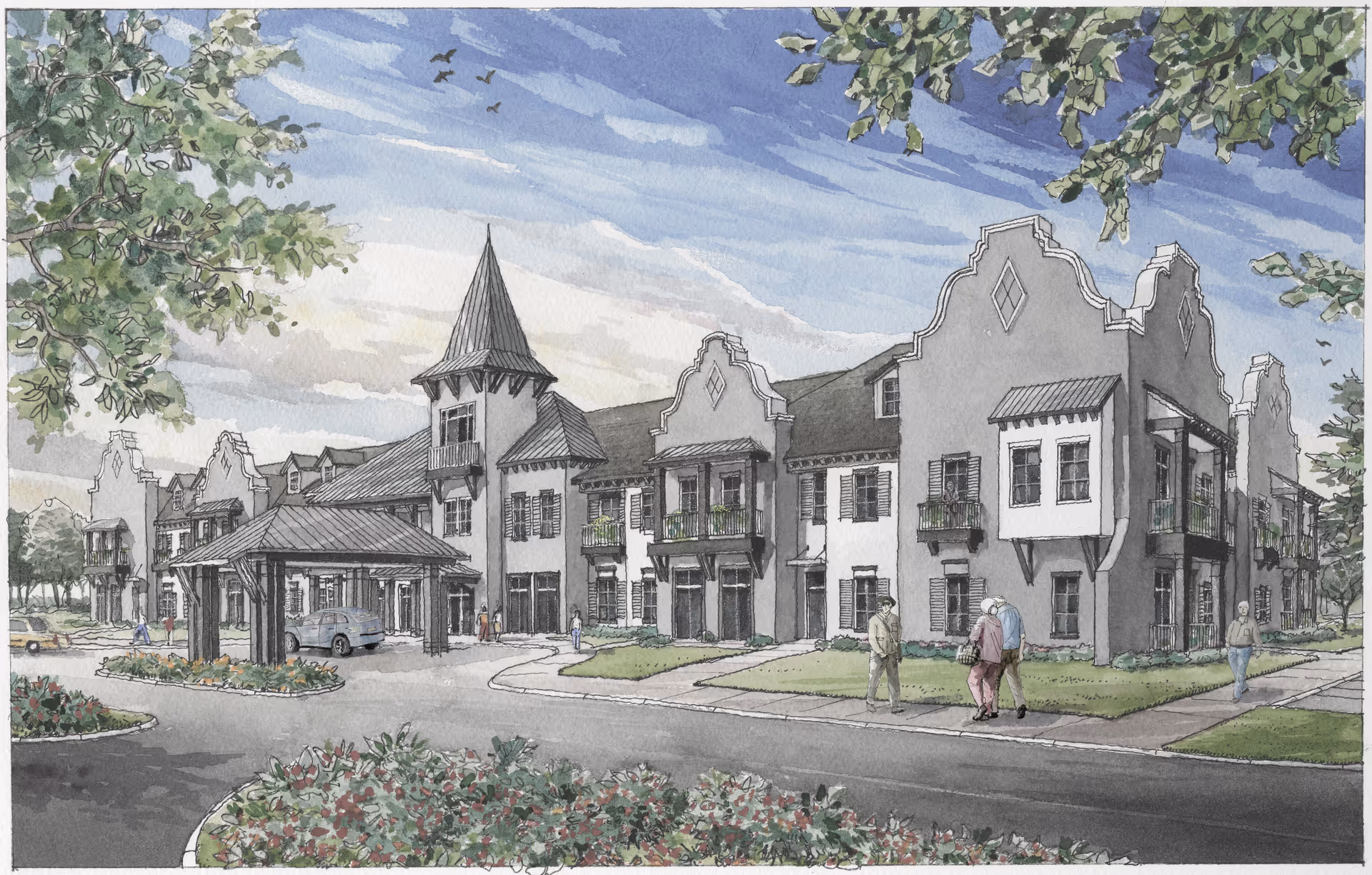 Watercolor-style architectural rendering of the front exterior of a multi-story senior living building with a covered porte-cochère, balconies, landscaping, and people walking nearby.