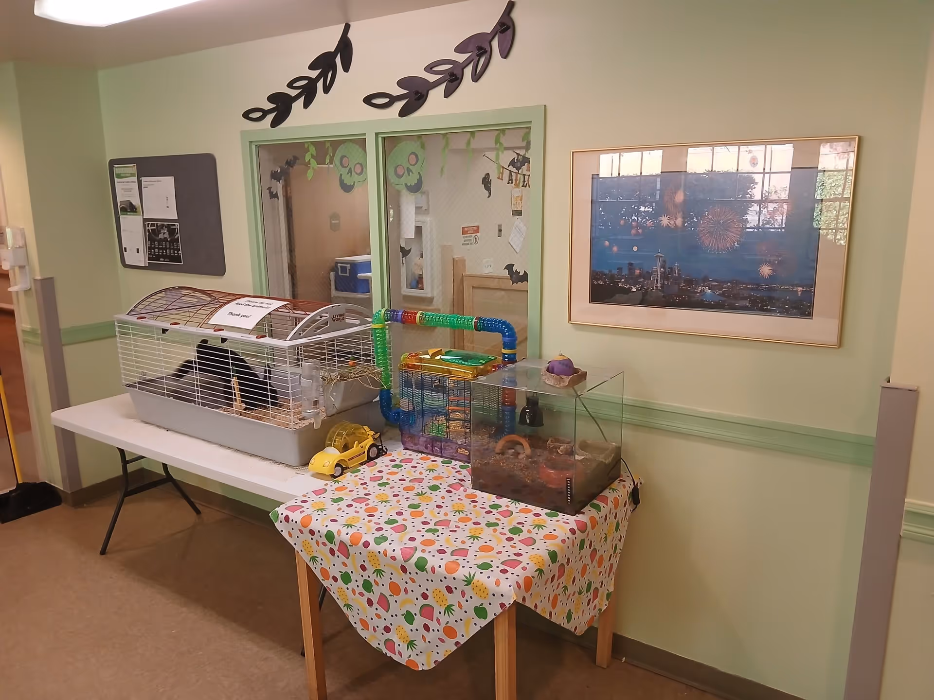 A corner of a room with two tables holding small animal cages, including a hamster cage with colorful tubes and another cage with a small animal inside. The tables are covered with a colorful tablecloth and a white table. The wall behind has a bulletin board, a window decorated with Halloween-themed cutouts, and a framed picture of a cityscape with fireworks.