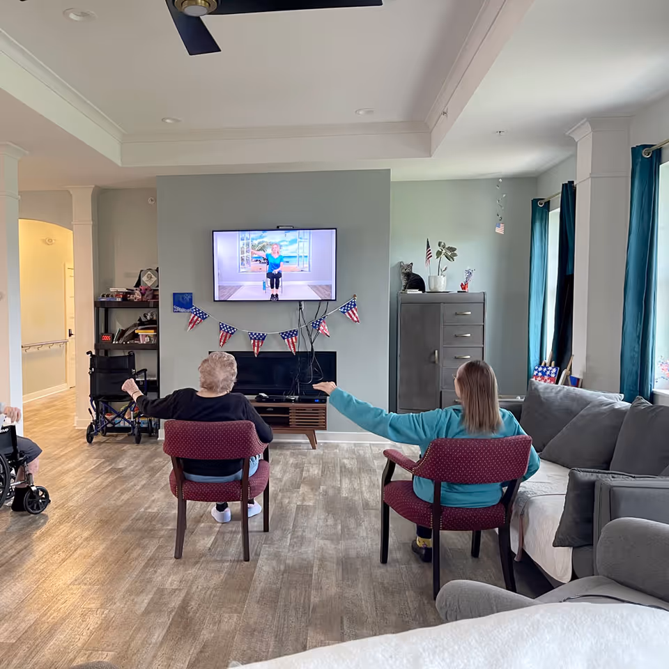Two elderly women seated on chairs in a living room, participating in a seated exercise session shown on a wall-mounted TV. The room has wooden flooring, a gray couch, a cabinet with a cat on top, and patriotic decorations including small American flags and a banner. A wheelchair is visible to the left.