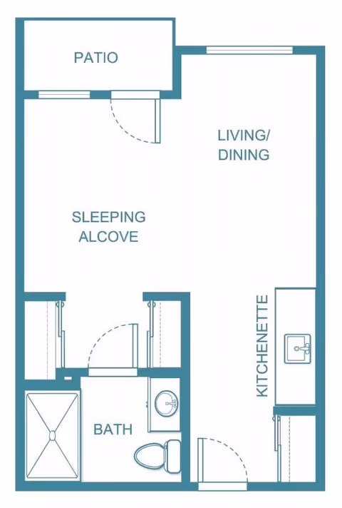 Floor plan of a studio apartment at Holiday Peninsula showing a patio, living/dining area, sleeping alcove, kitchenette, and bathroom with a shower, toilet, and sink.