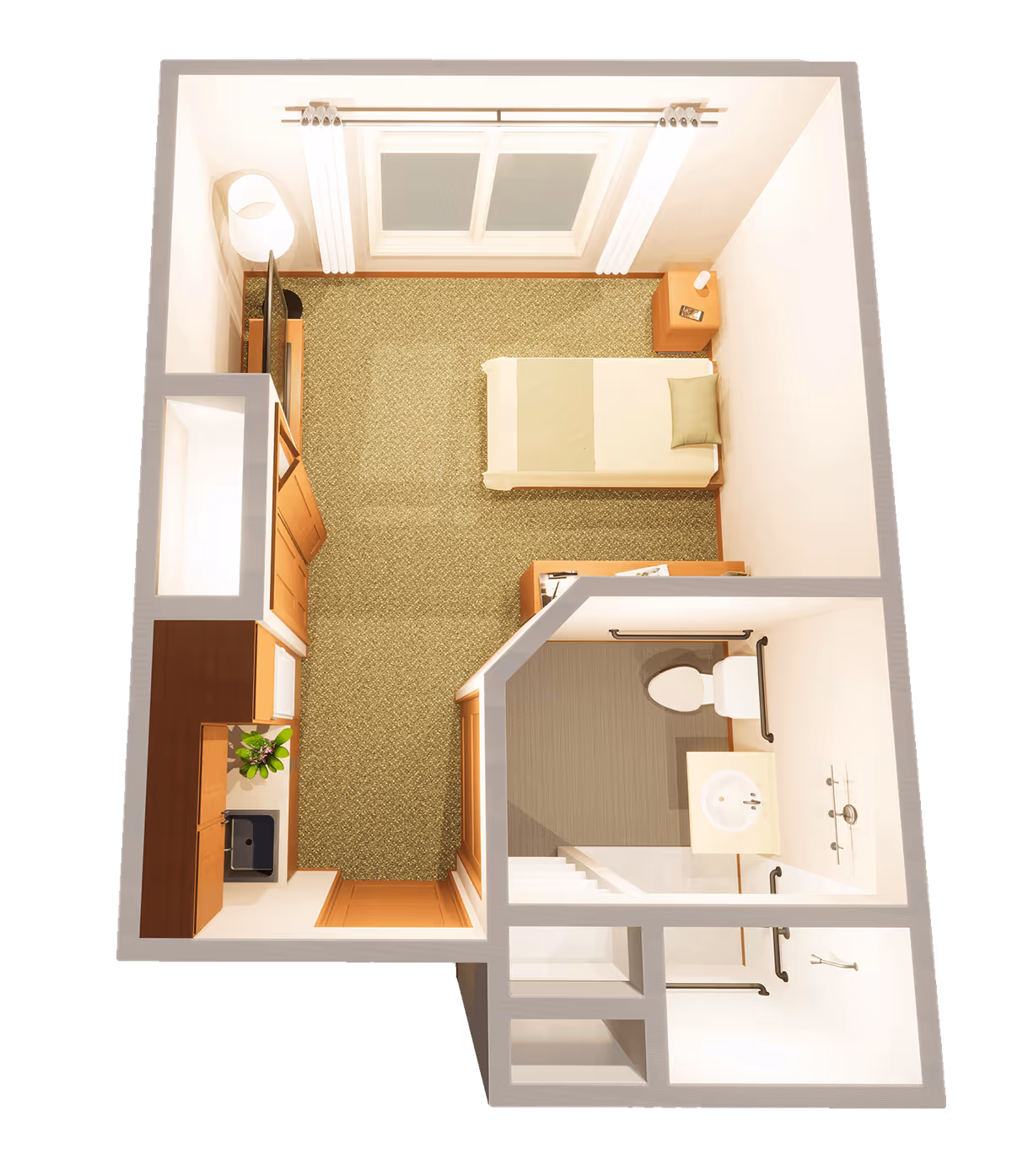 Top-down view of a small assisted living apartment featuring a single bed with a pillow and blanket, a nightstand with a lamp and phone, a TV on a stand, a kitchenette with a sink and cabinets, and an attached bathroom with a toilet, sink, and shower equipped with grab bars.