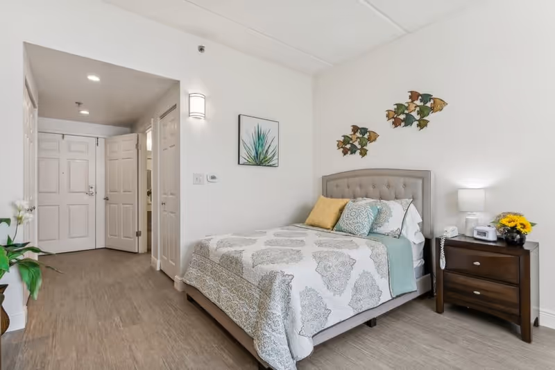 Well-lit furnished bedroom with a single bed, nightstand, wall art, and an entry hallway.