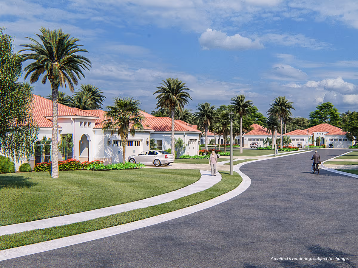 A sunny residential street view of The Glenridge on Palmer Ranch featuring single-story homes with red tile roofs, palm trees lining the sidewalks, a person walking on the sidewalk, and another person riding a bicycle on the road under a partly cloudy blue sky.