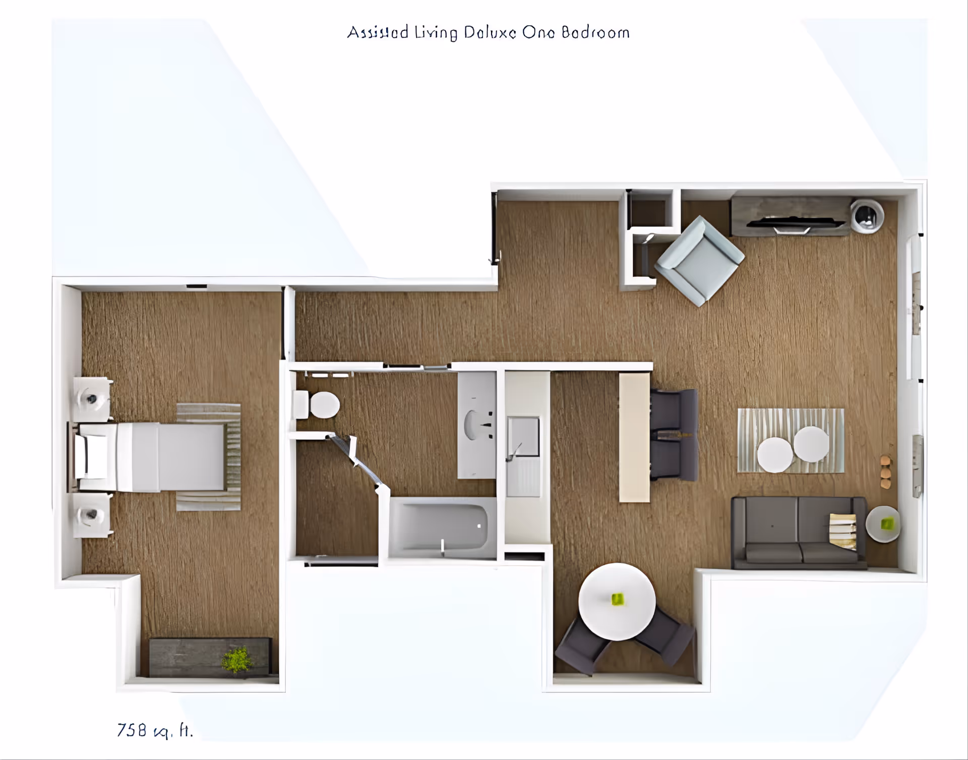 Floor plan of an assisted living deluxe one bedroom apartment showing a bedroom with a bed and two nightstands, a bathroom with a toilet, sink, and bathtub, a kitchen area with a sink and counter, and a living room with a sofa, armchair, TV, and a small dining table with two chairs.