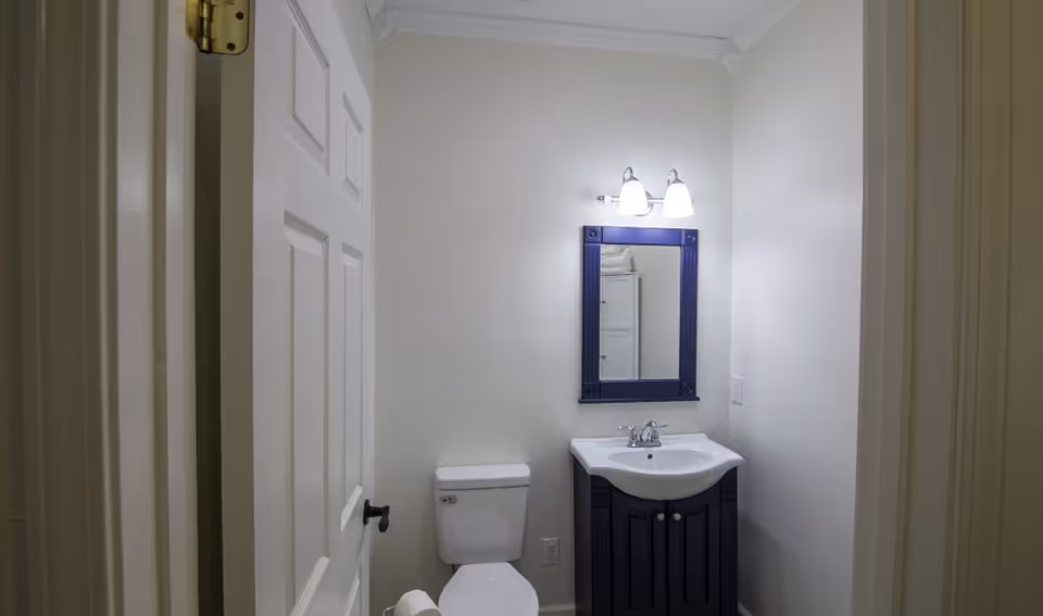 Small bathroom seen through an open door with a toilet, a dark vanity with sink and mirror, and an overhead light fixture.