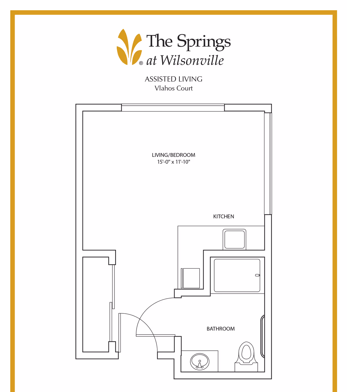 Floor plan drawing of a studio apartment showing a combined living/bedroom, kitchen, and bathroom for The Springs at Wilsonville.