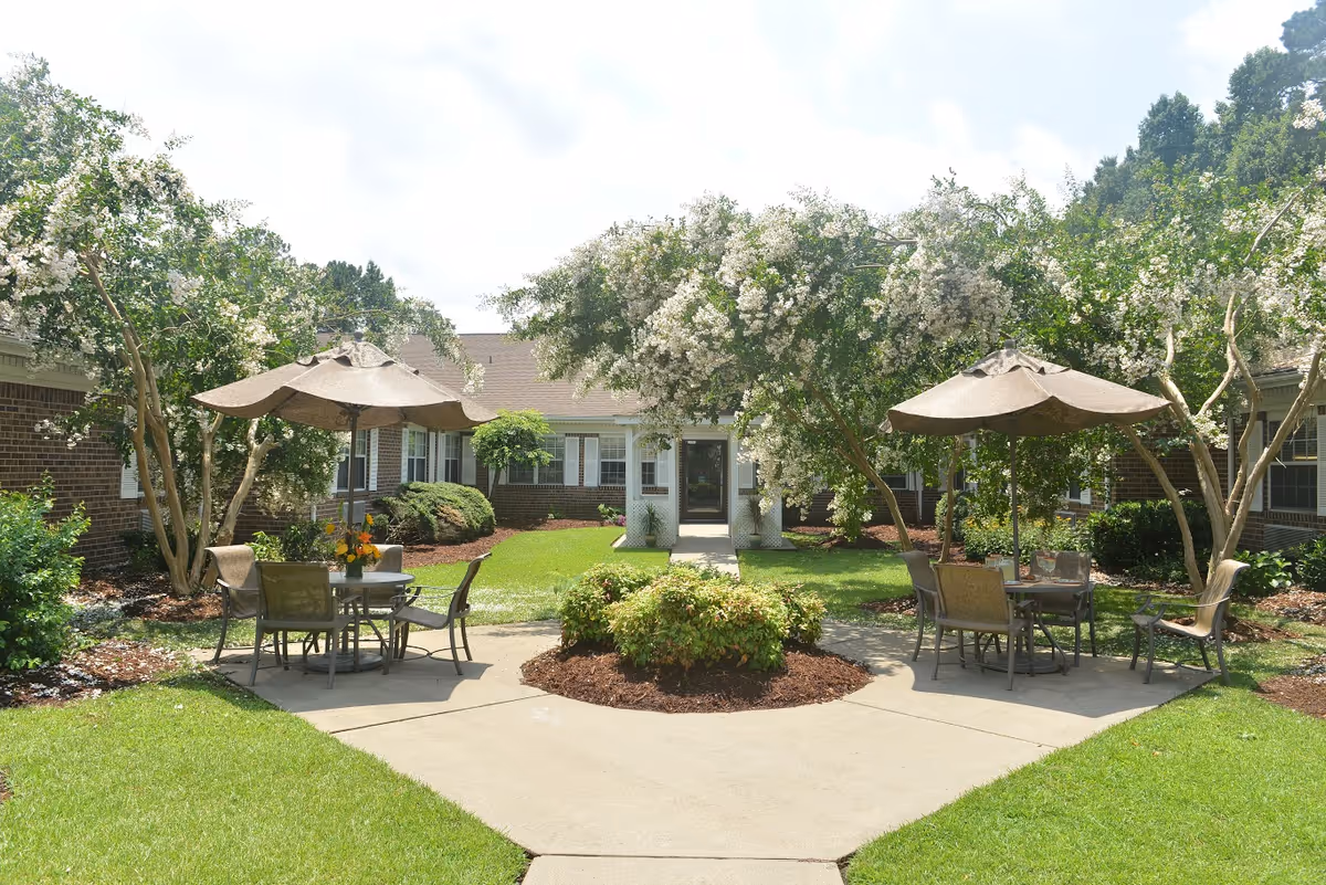 A sunlit courtyard with patio tables and umbrellas, flowering trees, and a brick building entrance in the background.