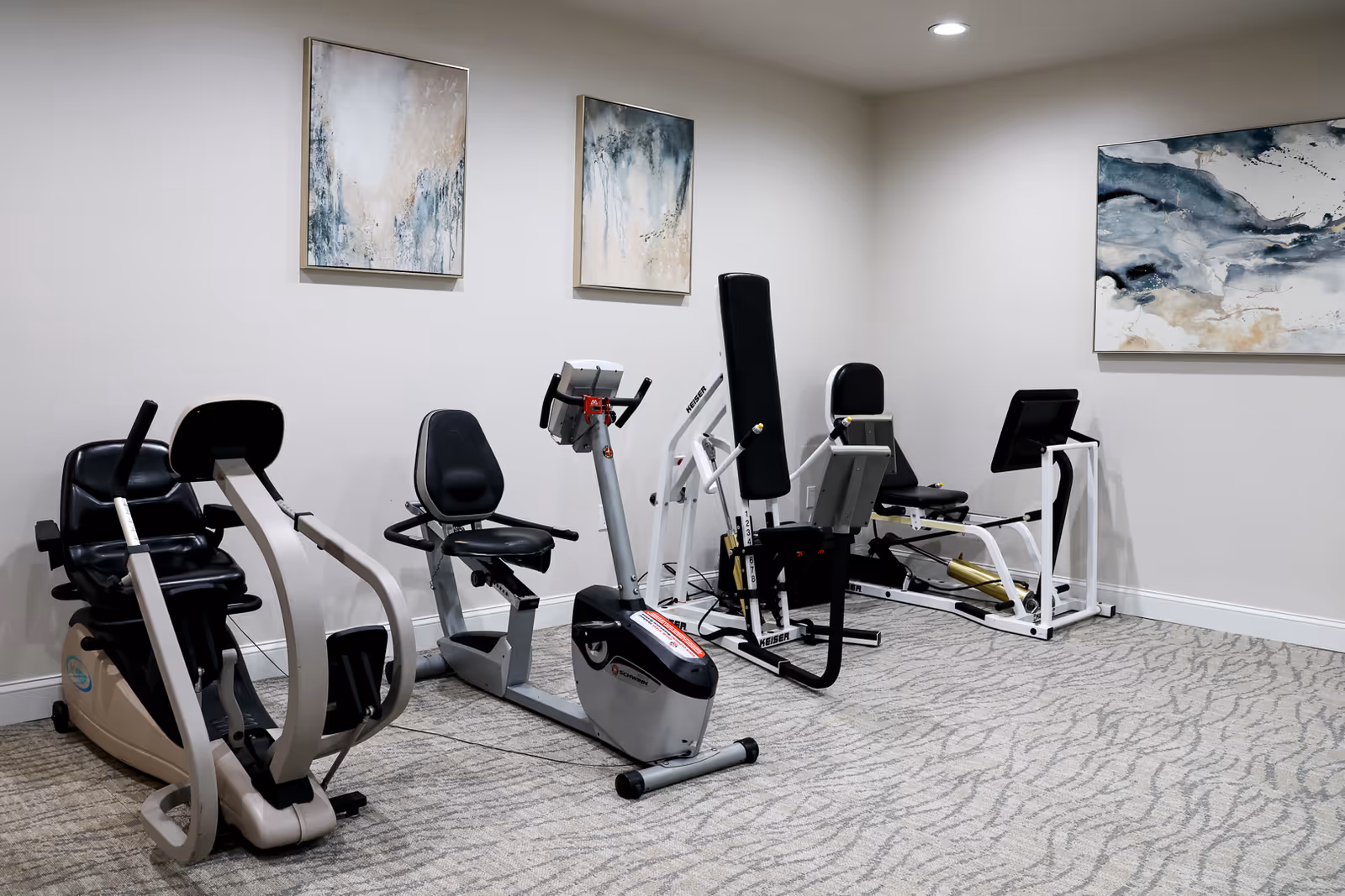 A small indoor exercise room with various fitness equipment including a recumbent bike, a rowing machine, and a seated weight machine. The room has light-colored walls with three abstract paintings hanging and a patterned carpeted floor.