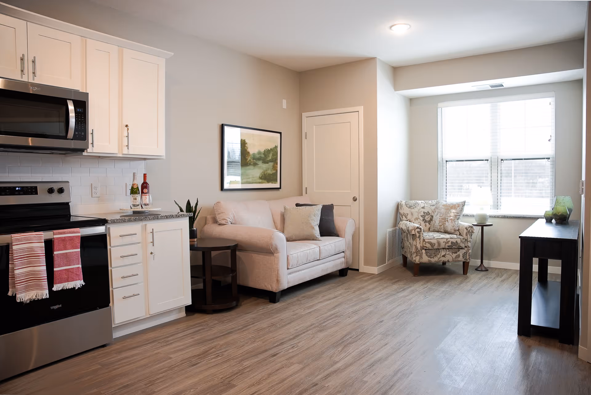 Bright open living area with a small kitchen, loveseat, patterned armchair, and a window letting in natural light.