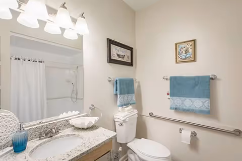 Well-lit accessible bathroom with a granite-top sink and mirror, toilet with grab bar, shower with a white curtain, and blue towels on the wall.