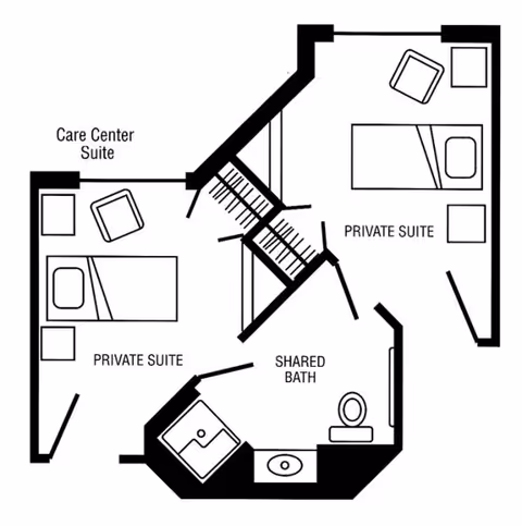 Black-and-white floor plan of care center and private suites with shared bath.