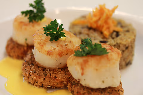 Close-up of a plated gourmet dish featuring three seared scallops each topped with a small sprig of parsley, resting on round, crispy bases, with a creamy yellow sauce drizzled on the side and a serving of mixed rice garnished with shredded carrot in the background.