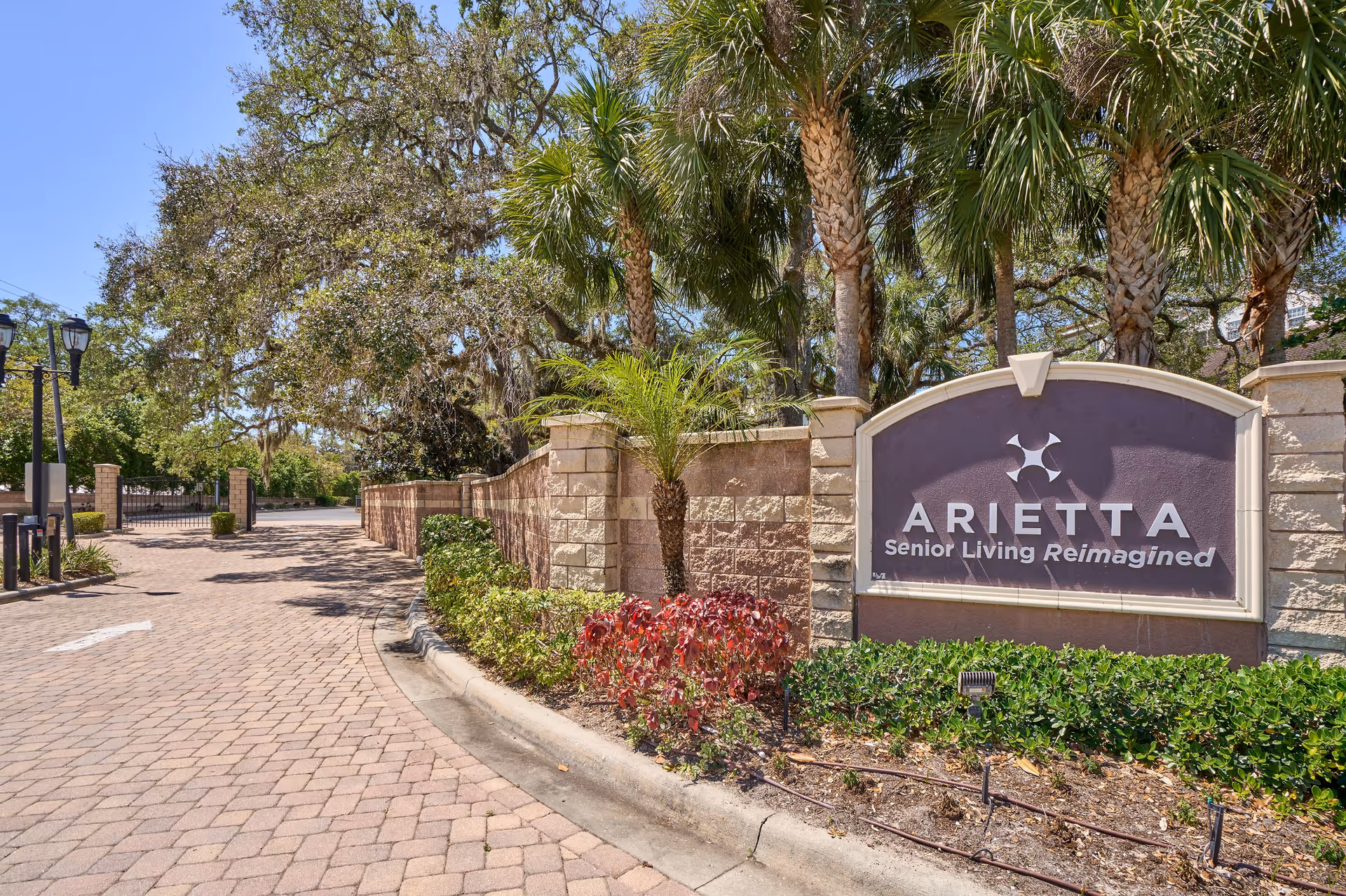 Entrance to Arietta senior living facility with a large sign displaying the name and slogan 'Senior Living Reimagined', surrounded by palm trees, bushes, and a paved driveway leading to a gated entrance.