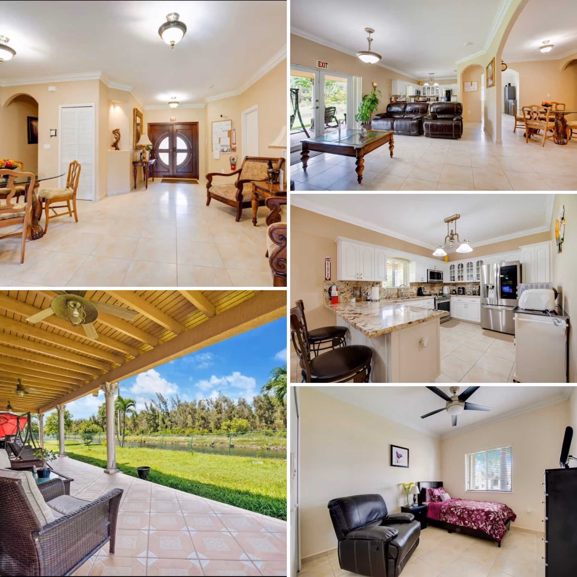 A collage of five images showing different areas of a senior living facility. The top left image shows a spacious entrance area with beige walls, tiled floor, wooden double doors, and classic wooden furniture. The top right image depicts a large living room with leather sofas, a wooden coffee table, and a dining area in the background. The middle right image shows a modern kitchen with white cabinets, granite countertops, stainless steel appliances, and bar stools. The bottom left image features an outdoor covered patio with wicker chairs, ceiling fans, and a view of a green lawn and trees. The bottom right image displays a bedroom with a single bed covered in a purple floral bedspread, a black recliner chair, a dresser, and a ceiling fan.