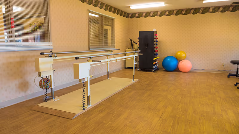 A rehabilitation room with parallel bars for walking exercises, a rack of colorful dumbbells, three large exercise balls in blue, yellow, and pink, a black cabinet, and a chair on the right side. The room has wooden flooring, beige wallpaper with a subtle pattern, and a window with blinds on the left wall.