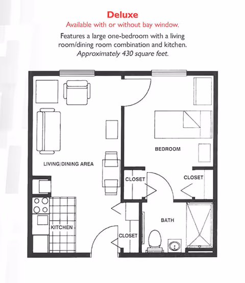 Floor plan of a deluxe one-bedroom apartment featuring a living/dining area with sofa and chair, a kitchen with stove and sink, a bedroom with bed and closets, and a bathroom with toilet, sink, and shower. The layout is approximately 430 square feet.