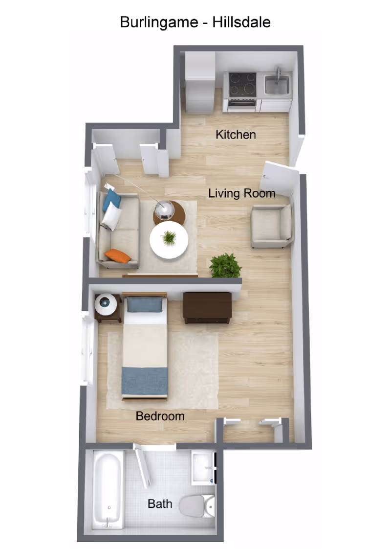 3D floor plan of a senior living unit labeled Burlingame - Hillsdale, showing a kitchen with stove, sink, and refrigerator; a living room with a sofa, armchair, coffee table, and plant; a bedroom with a bed, nightstand, and dresser; and a bathroom with a bathtub, toilet, and sink.